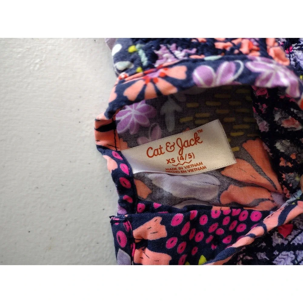 Cat & Jack‎ Girls Floral Dress Navy Blue Pink Purple XS 4/5 Flutter Sleeve